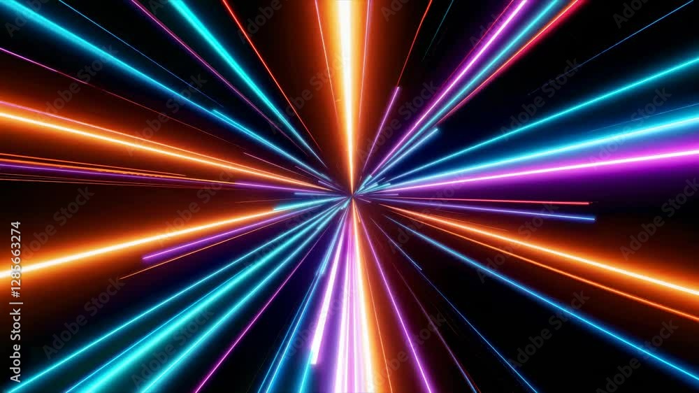 Poster dynamic video concept with neon light streaks converging at a vanishing point. captured from a centr