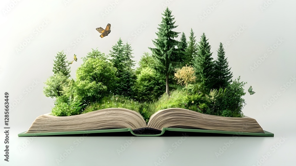 Poster opened book with a three dimensional forest sprouting from its pages representing the growth of know