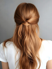 Naklejka premium Long Wavy Red Hair Styled in Elegant Half Updo Against Grey Background : Generative AI