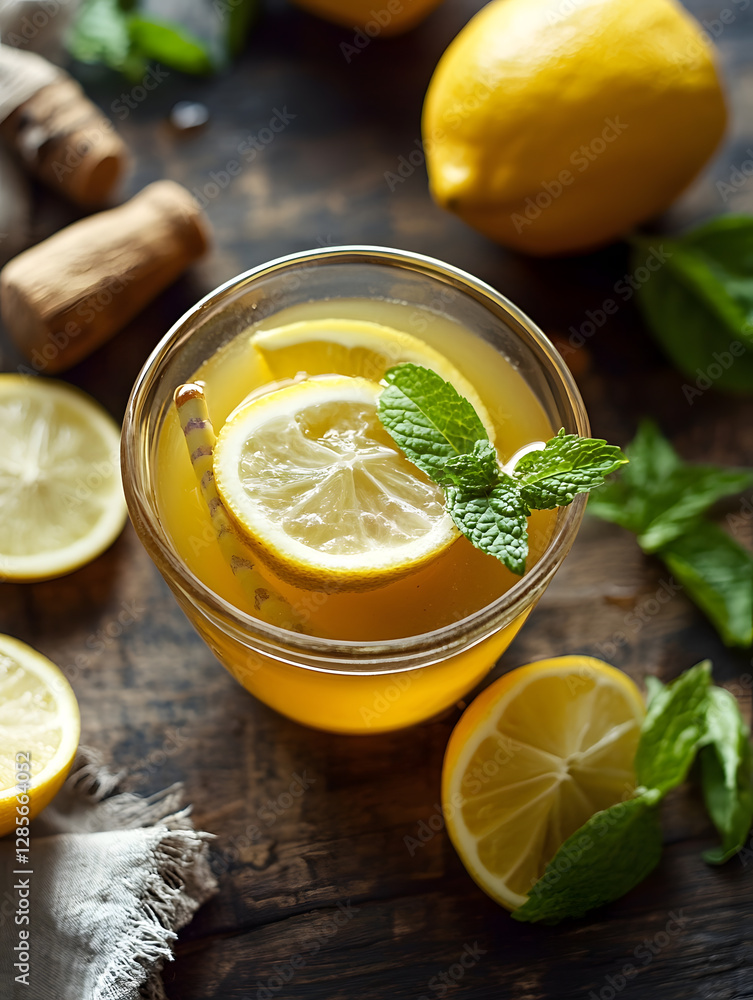 Poster refreshing lemonade with fresh mint and lemon slices on a wooden table : generative ai