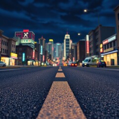 Fototapeta premium City Street at Night Leading to Illuminated Buildings and Dark Sky