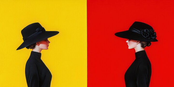 Elegant fashion portraits of women in black hats against bold yellow and red backgrounds for artistic inspiration