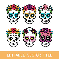 vector illustration set of skulls in mexican tradition