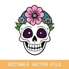 Skull and flowers hand drawn illustration. Tattoo vintage print. Skull 