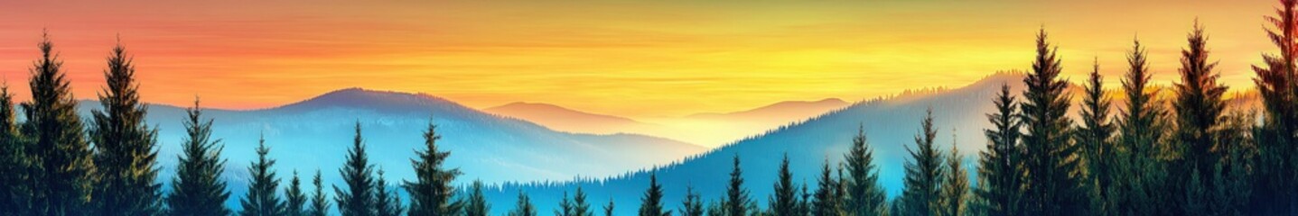 Obraz premium Serene Landscape with Pine Trees and Colorful Sunrise Horizon