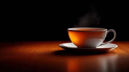 Obraz premium Steaming cup of tea on wooden table, dark background
