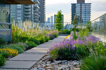Obraz premium Rooftop Garden Utilizing Innovative Greywater Recycling System in Urban Sustainability Concept
