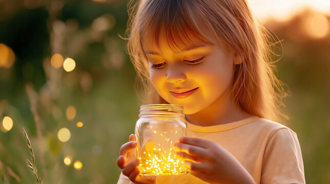 Child capturing luminous fireflies in glass jar during golden twilight, experiencing magical moment