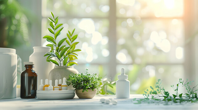 Serene herbal workshop with bottles, plants, and natural light creating a tranquil atmosphere
