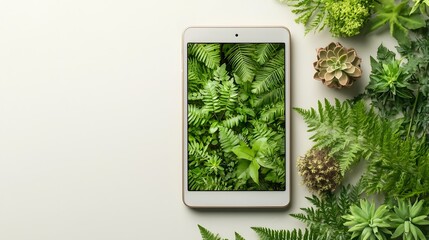 Fototapeta premium Vibrant green forest displayed on a digital tablet showcasing how technology can play a vital role in environmental conservation efforts and raising awareness about sustainable practices