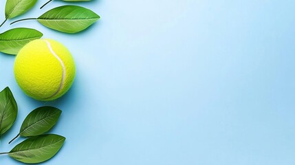 A tennis ball surrounded by green leaves on a blue background