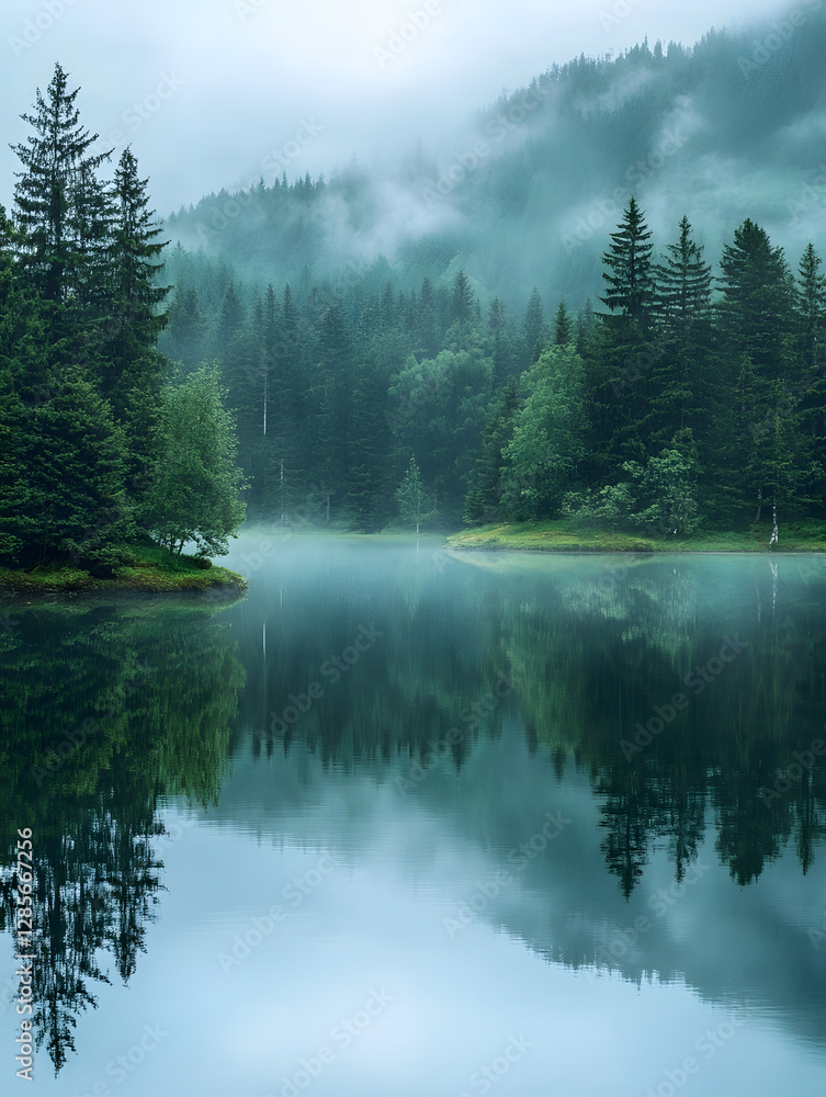 Aufkleber tranquil mountain lake with mist and evergreen forest : generative ai