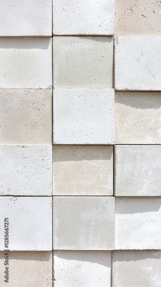 Poster textured wall of neutral colored concrete blocks in an array of shapes, patterns, and subtle variati