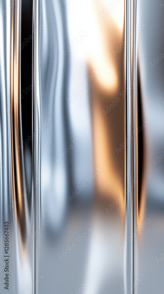 Poster abstract reflection of light and shape on smooth metallic surface with curved lines and a warm glow