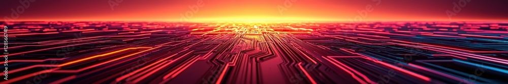 Poster futuristic digital landscape with glowing lines and horizon glow