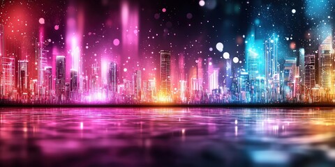 Fototapeta premium Vibrant City Skyline at Night with Colorful Lights and Reflections