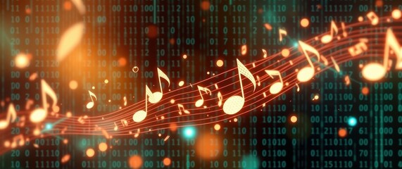 Digital music notes float over a binary code background, blending technology with artistic expression.