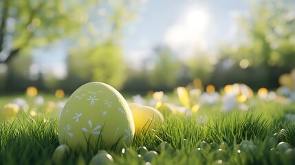 Easter Eggs in Grassy Spring Meadow with Flowers and Sunshine