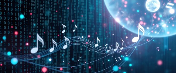 Musical notes float across a digital landscape of binary code, blending art and technology in a vibrant display.