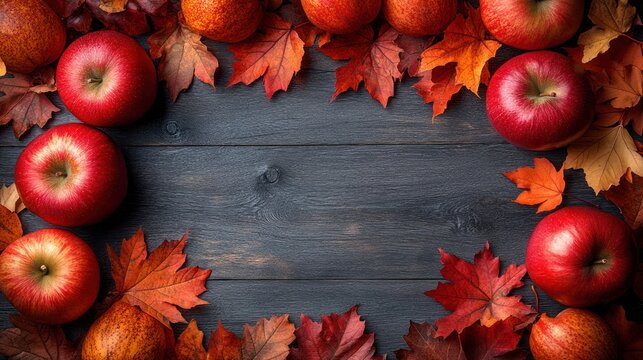 Autumn apples framed by leaves on dark wood