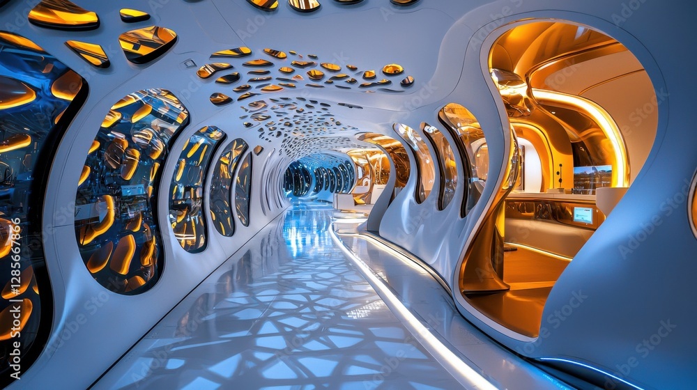 Poster mesmerizing futuristic architectural tunnel with captivating chromatic reflections and geometric lum