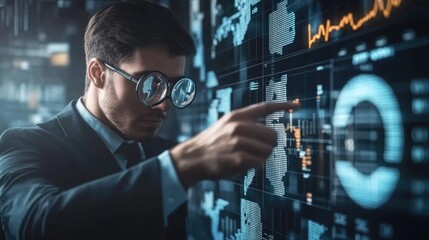 Data Analyst Examining Complex Financial Market Data on a Large Screen