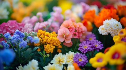 Obraz premium A close-up picture shows lots of flowers in different colors during summer and spring.