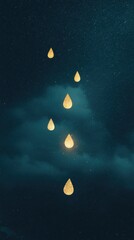 Fototapeta premium Sparkling golden raindrops gliding through a dark sky with dramatic clouds in a mystical and enchanting atmosphere