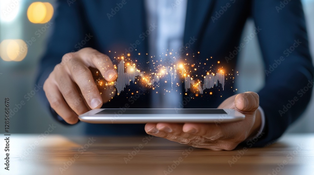 Poster digital finance and business data analytics on electronic tablet with market chart and graph