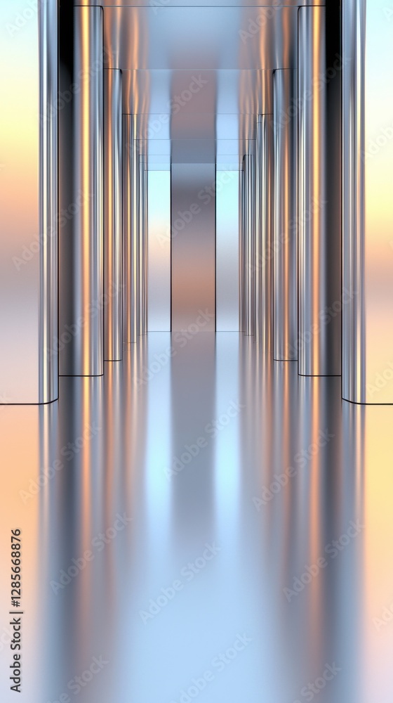 Poster modern abstract corridor with reflective surfaces and soft lighting creating a serene futuristic atm