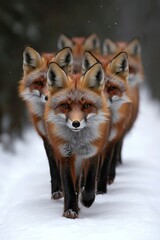 A group of foxes walking through the snow in the woods