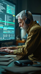 Focused Professional Working at Computer with Headphones in Modern Workspace