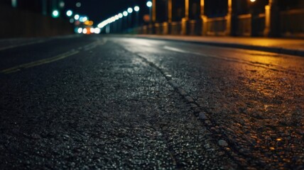 Low Angle View of Asphalt Road at Night with Streetlights