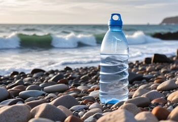 A plastic water bottle on a rocky beach with waves in the background