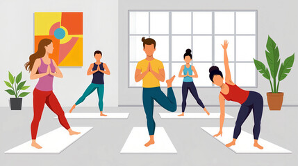 Fototapeta premium Flat Illustration of Yoga Studio with Practicing Students