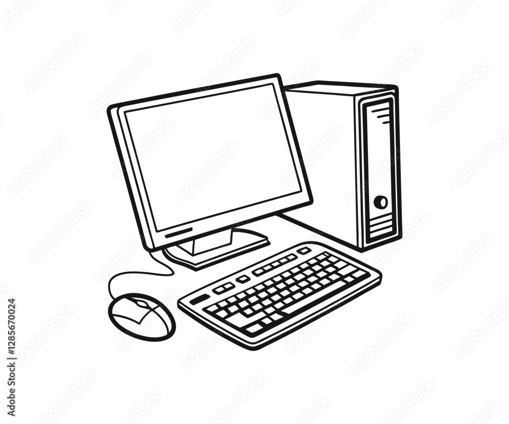 Fototapete computer keyboard and mouse. linear background of laptop sign. continuous line drawing.