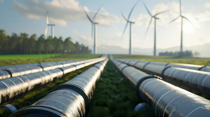 A close-up of gas pipes with wind turbines in the background, symbolizing energy.