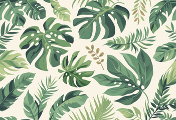 various tropical leaves and ferns arranged in a repeating design.