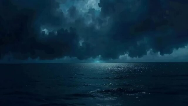 Moody ocean horizon: dark clouds and reflective waters at twilight