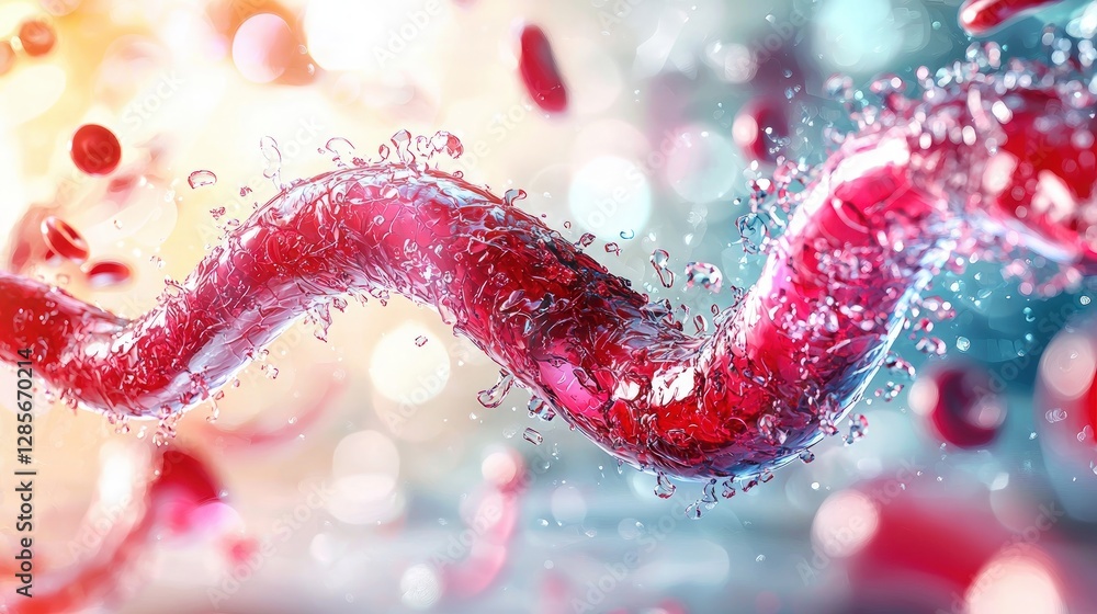 Poster Abstract swirling red liquid flow with water splash dynamic movement background medical science technology concept