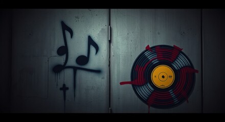 A graffiti-style image with musical notes and a vinyl record, creating an edgy, artistic expression.