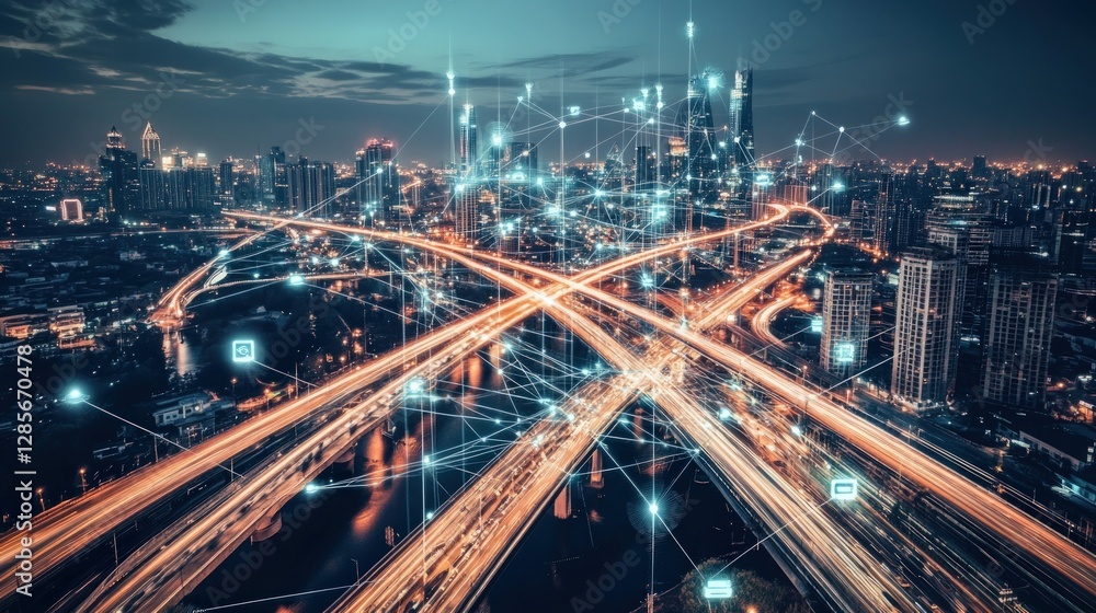 Poster smart city network aerial night view illuminated highways and buildings connected by digital network