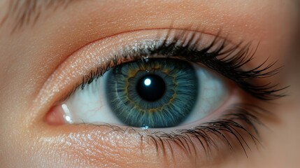 Obraz premium Close-up photo of a blue eye. It's a detailed image of the green eye. It shows the health of the visual center. It also highlights good vision and eye problems.