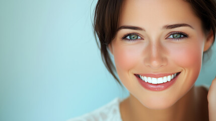 Naklejka premium Smiling woman with glossy lips and radiant white teeth against a blue background
