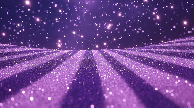 A shimmering purple landscape with sparkling particles floating above striped surfaces