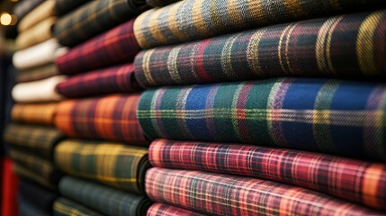 Tartan Day: Tailoring workshop with classic tartan fabrics arranged in stacks.