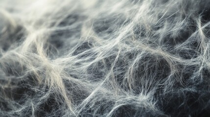 Obraz premium Close-up photo of gray fibers forming a furry, tangled pattern like wool or fabric. The picture shows the fine details of the interwoven strands with a hazy, dreamy effect.