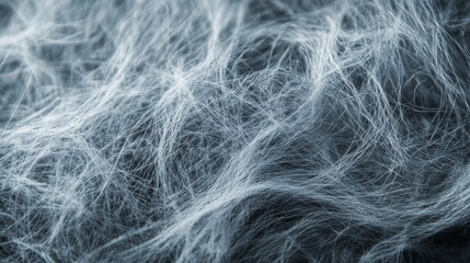 Obraz premium Close-up photo of gray fibers forming a furry, tangled pattern like wool or fabric. The picture shows the fine details of the interwoven strands with a hazy, dreamy effect.