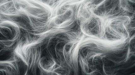 Fototapeta premium Close-up photo of gray fibers forming a furry, tangled pattern like wool or fabric. The picture shows the fine details of the interwoven strands with a hazy, dreamy effect.