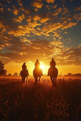 Fototapeta premium A group of people riding horses in a field at sunset